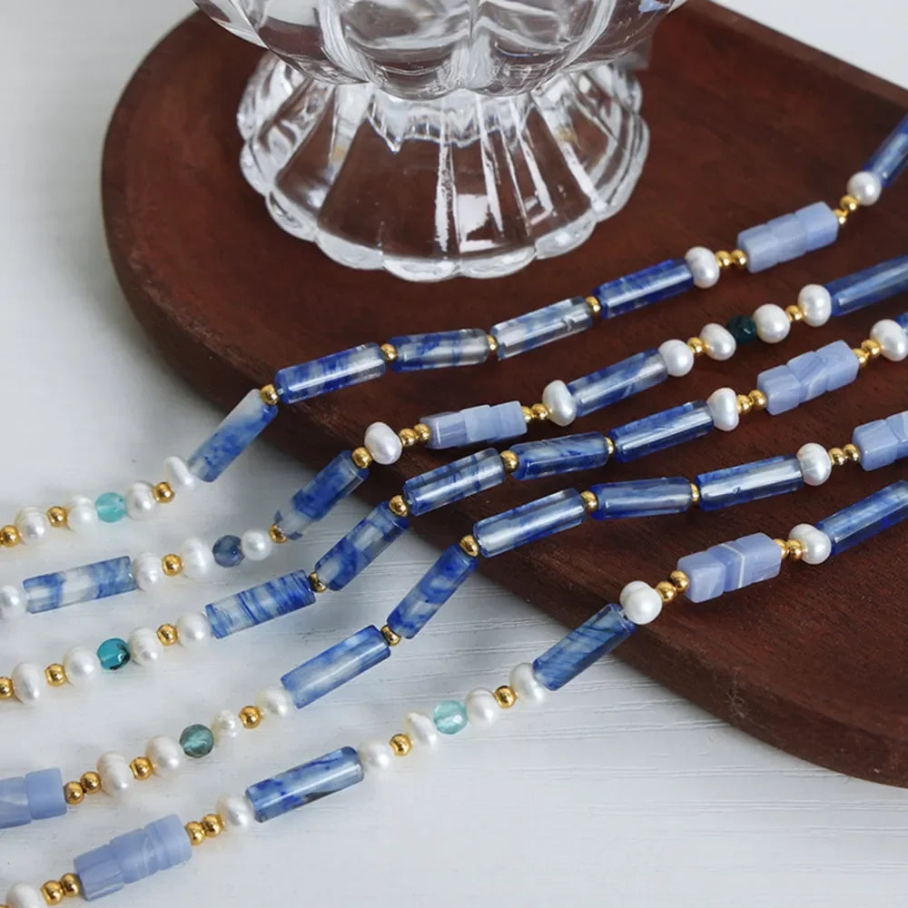 Geometric Pearl Necklace - Blue Chalcedony Pendant Velanci