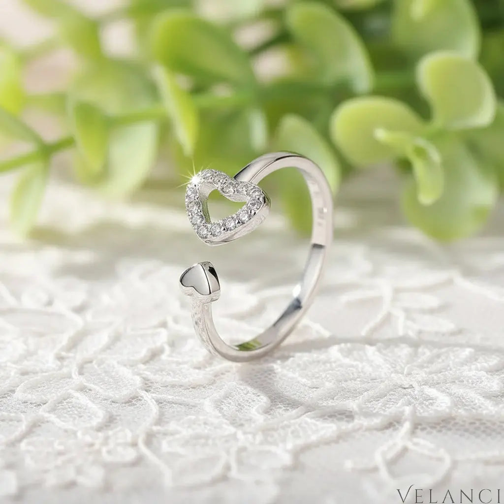Platinum-Plated Zircon Heart Ring Giulia - Open Heart Velanci