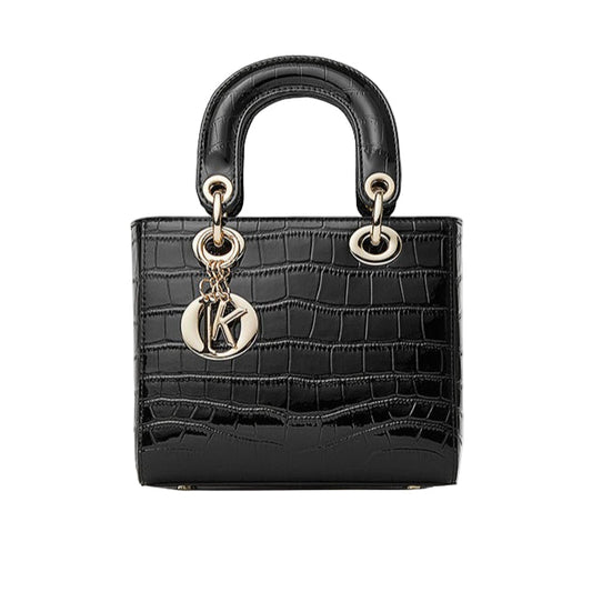 Croc-Embossed Genuine Leather Top-Handle Bag in Creamy White and Black