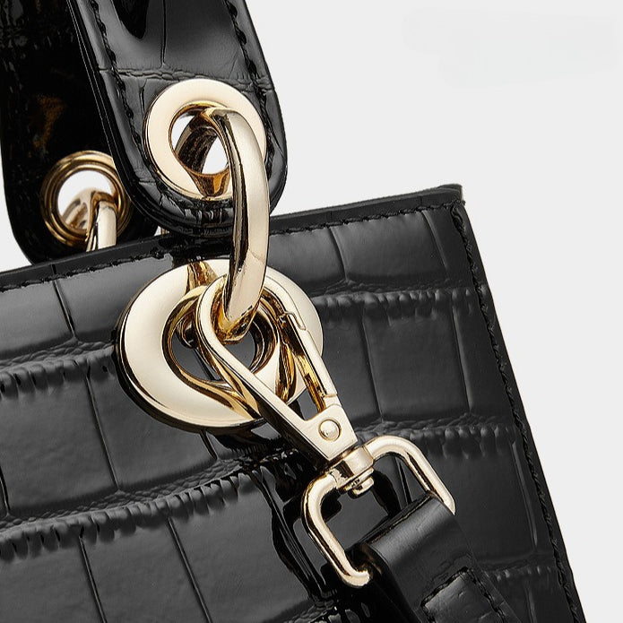 Croc-Embossed Genuine Leather Top-Handle Bag in Creamy White and Black