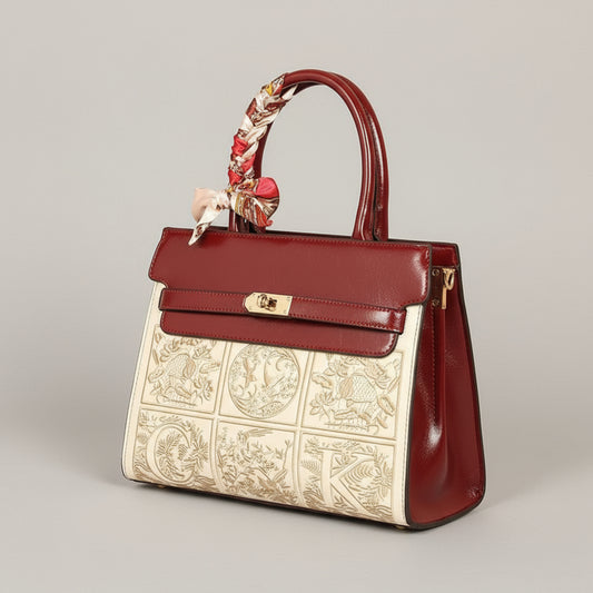 Designer handbag with intricate patterns on a beige background
