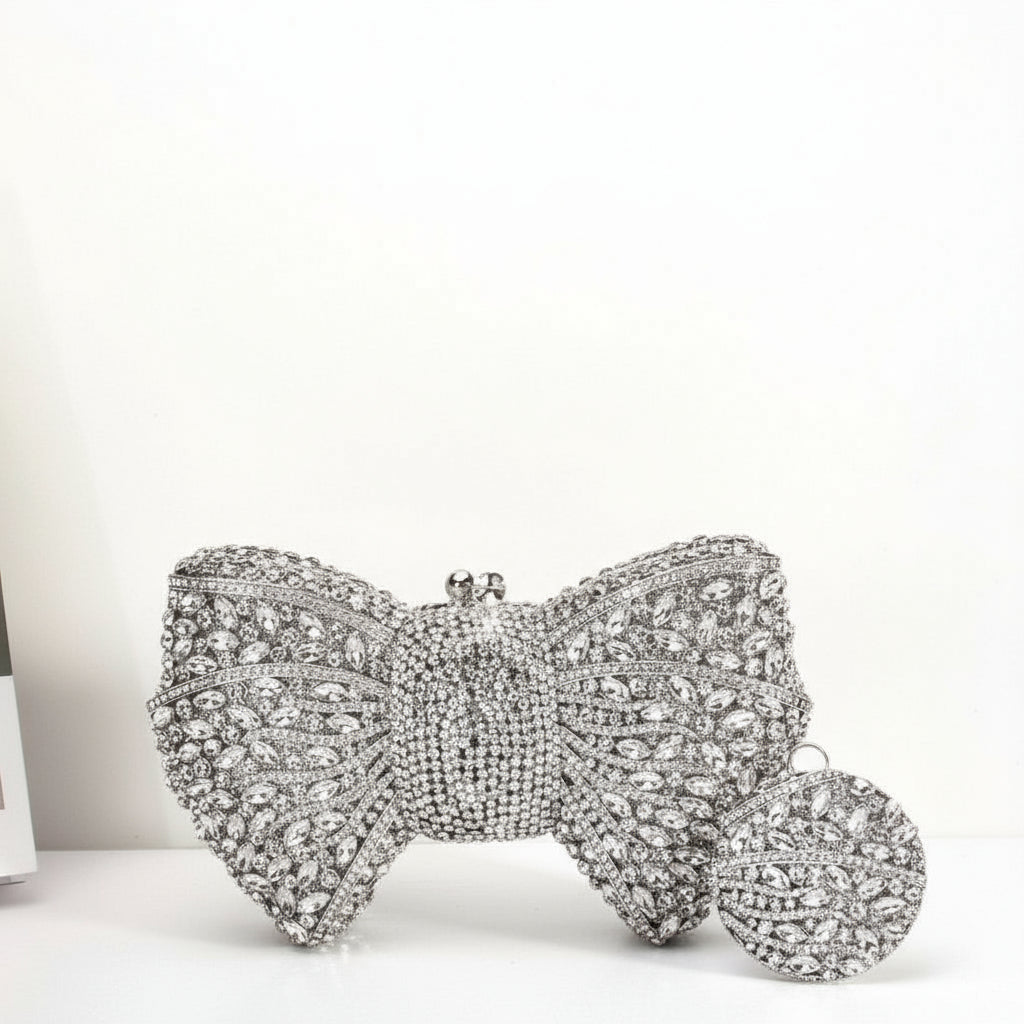 Silver bow-shaped clutch and round earrings on a white background