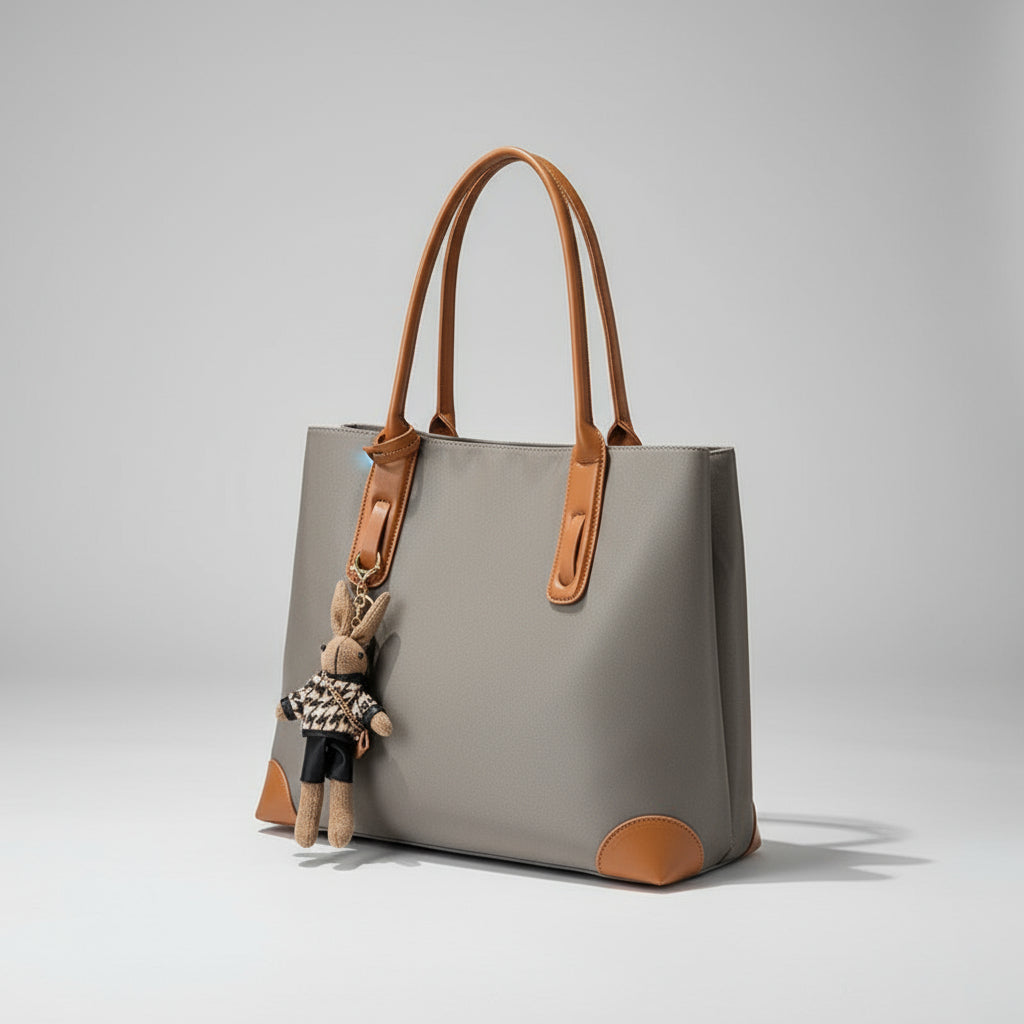 Gray tote bag with brown handles and trim, featuring a small plush toy, on a wooden floor.