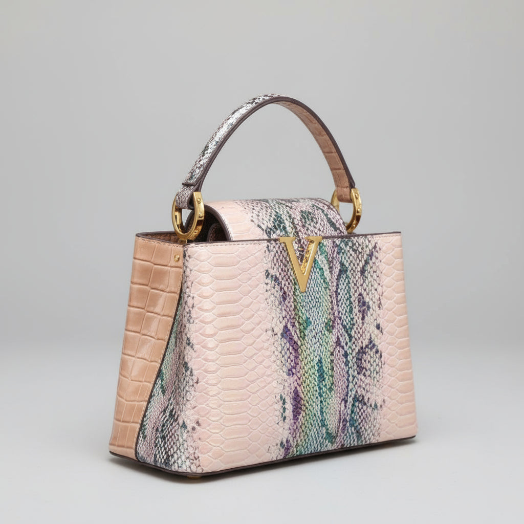 Designer handbag with colorful pattern on a wooden surface