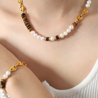 Tiger's Eye Freshwater Pearl Necklace - 18K Gold-Plated Velanci
