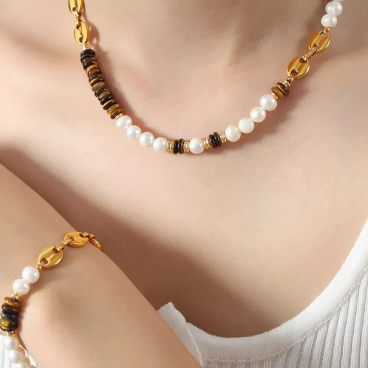 Tiger's Eye Freshwater Pearl Necklace - 18K Gold-Plated Velanci
