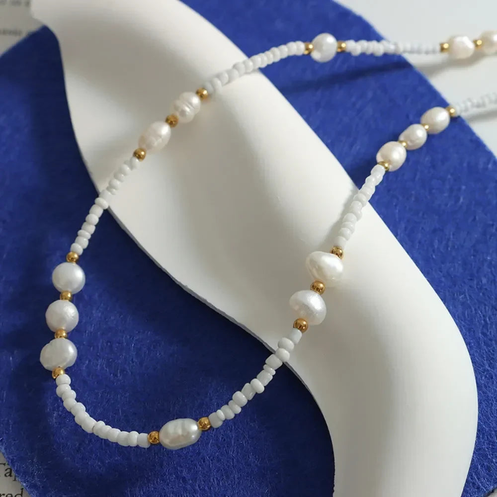 Freshwater Pearl Bead Necklace - Durable Titanium Steel Velanci