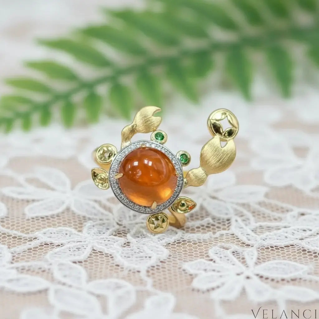 Crab Ring Valentina - 18K Plated Amber Cabochon Crystals Women's Ring Velanci
