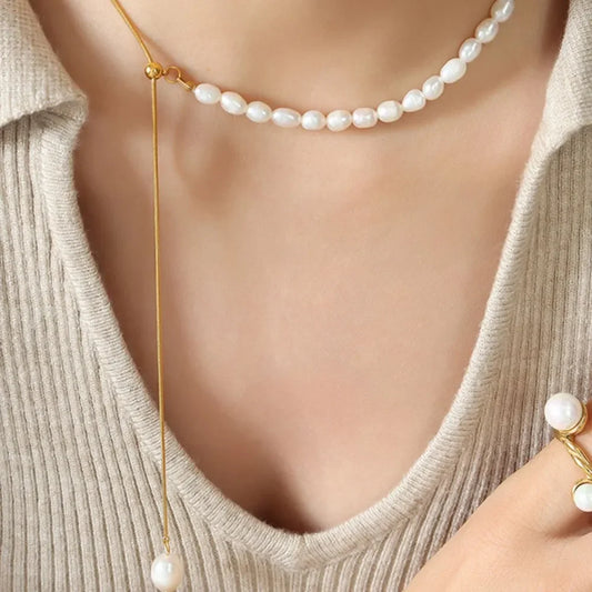 18K Gold-Plated Freshwater Pearl Necklace - Adjustable Velanci