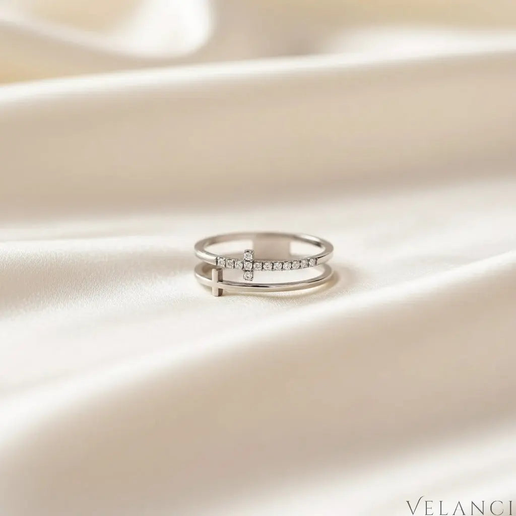 Double Band Cross Ring Lucia - Zircon Accents, Plated Velanci
