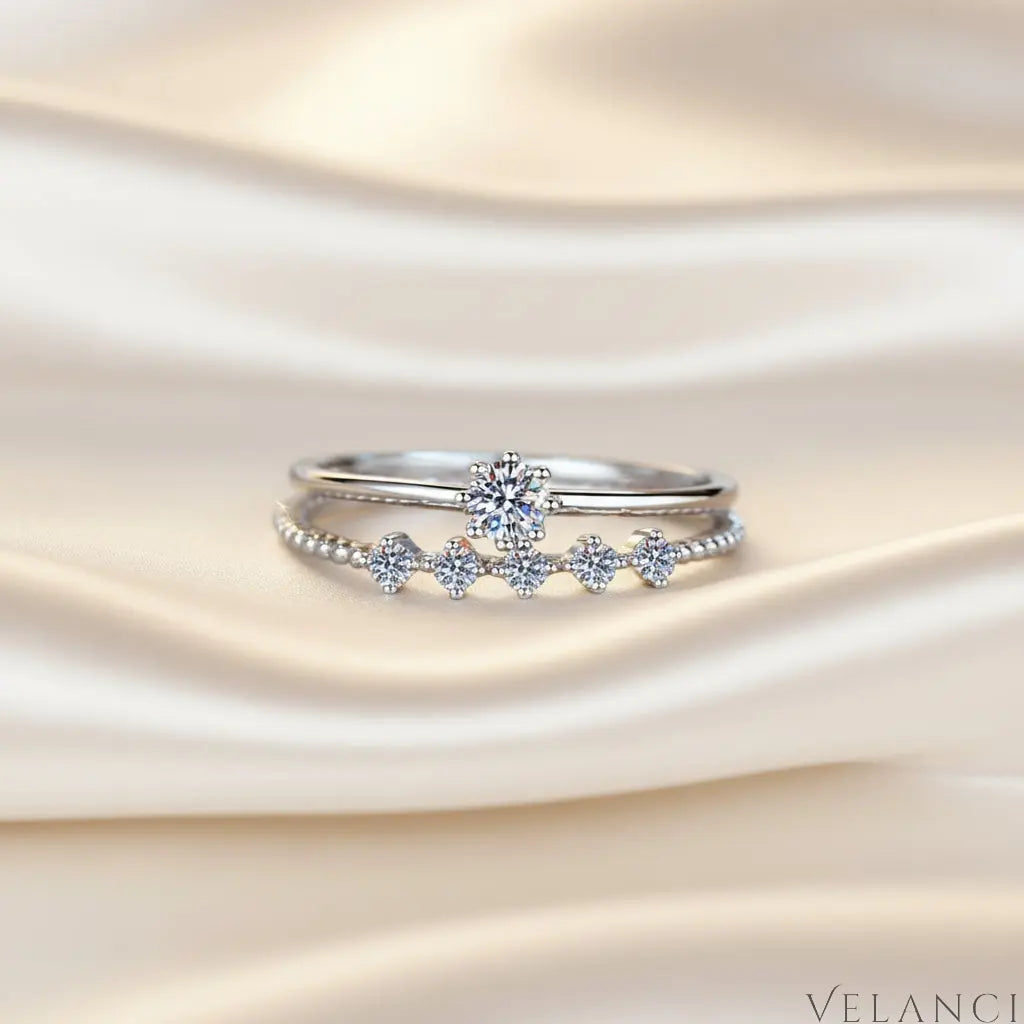 Moissanite Sterling Silver Ring Set Isabella - Minimal Shine Velanci