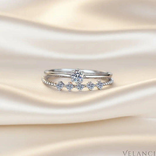 Moissanite Sterling Silver Ring Set Isabella - Minimal Shine Velanci