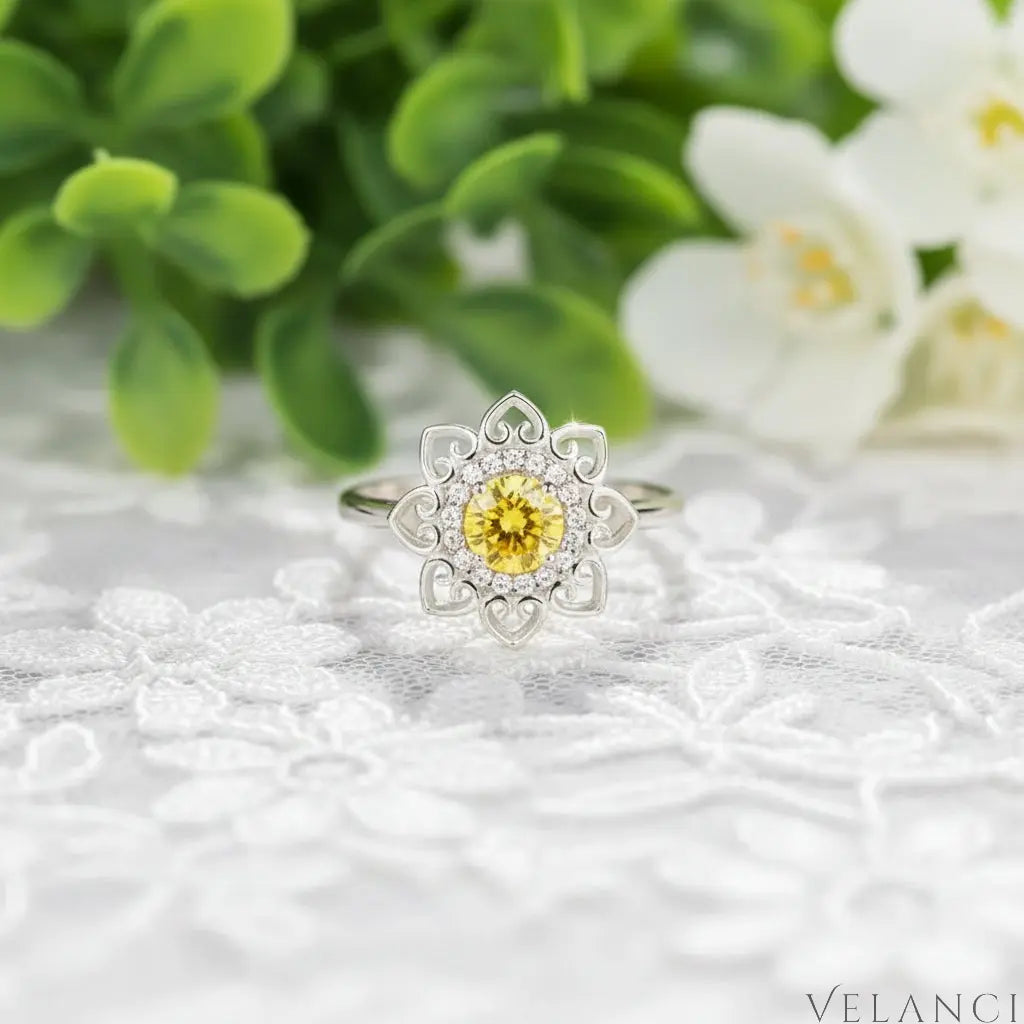 Ring Alessia - Flower Sunburst Zircon Halo, Platinum-Plated Velanci