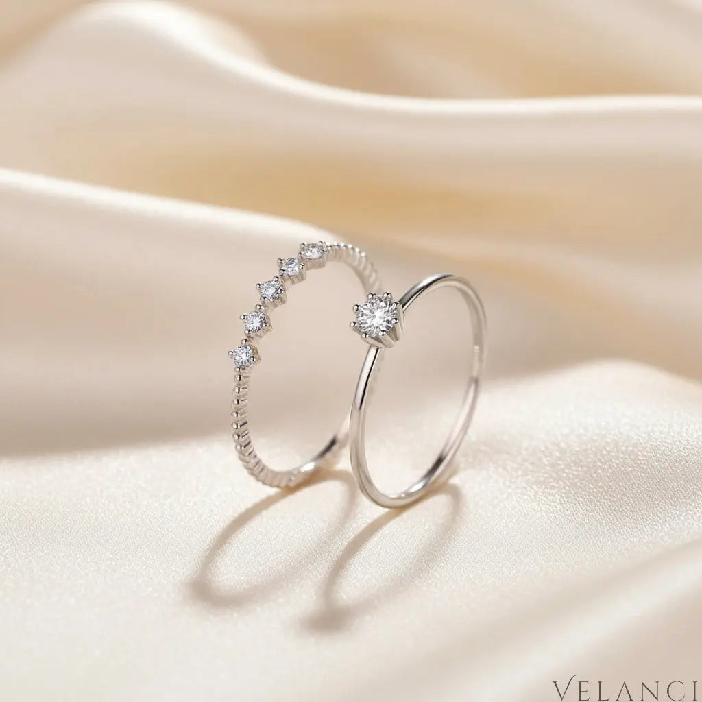 Moissanite Sterling Silver Ring Set Isabella - Minimal Shine Velanci