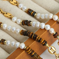 Tiger's Eye Freshwater Pearl Necklace - 18K Gold-Plated Velanci