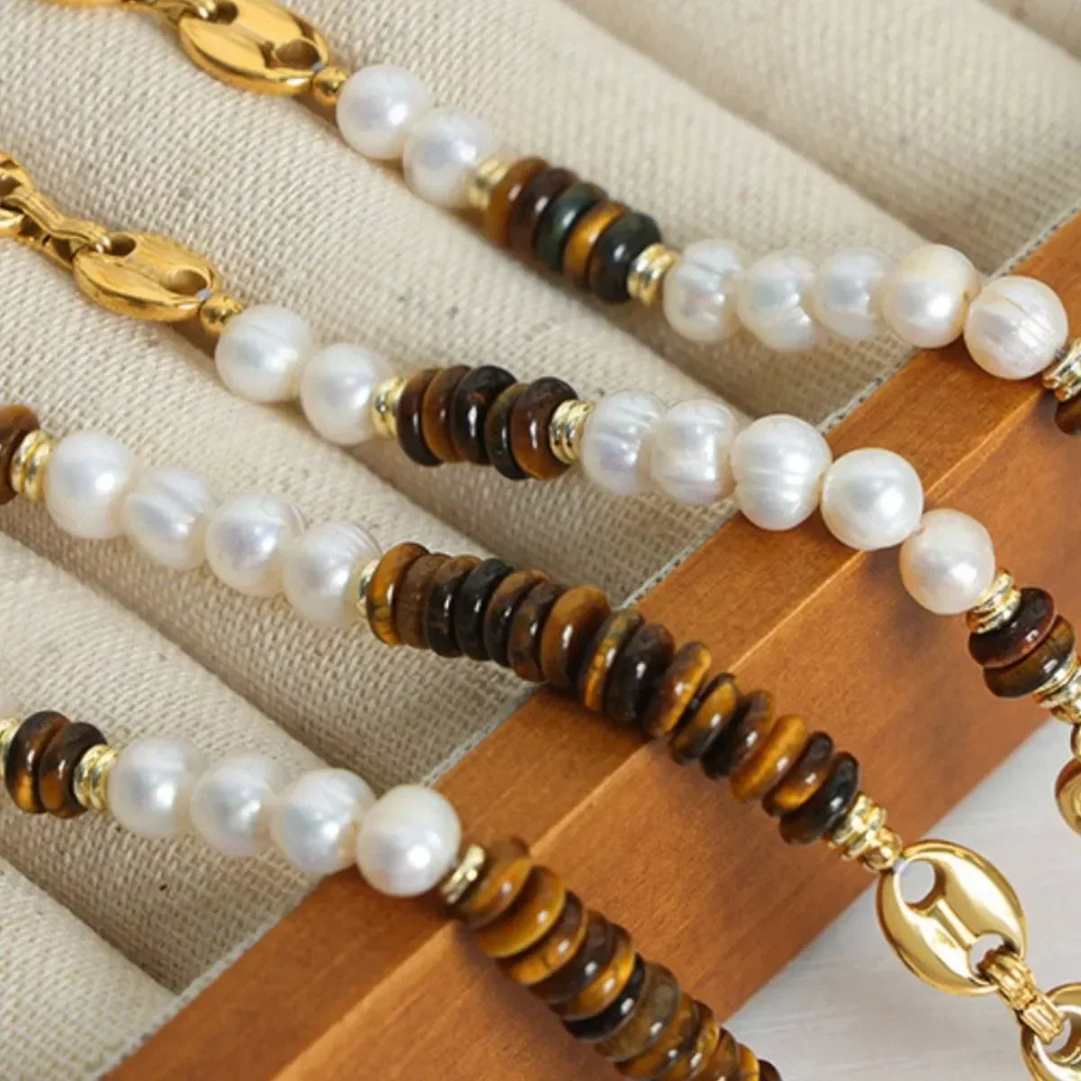 Tiger's Eye Freshwater Pearl Necklace - 18K Gold-Plated Velanci