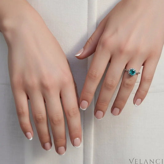 Sterling Silver Zircon Minimalist Ring Luna - Emerald Halo Women's Ring Velanci
