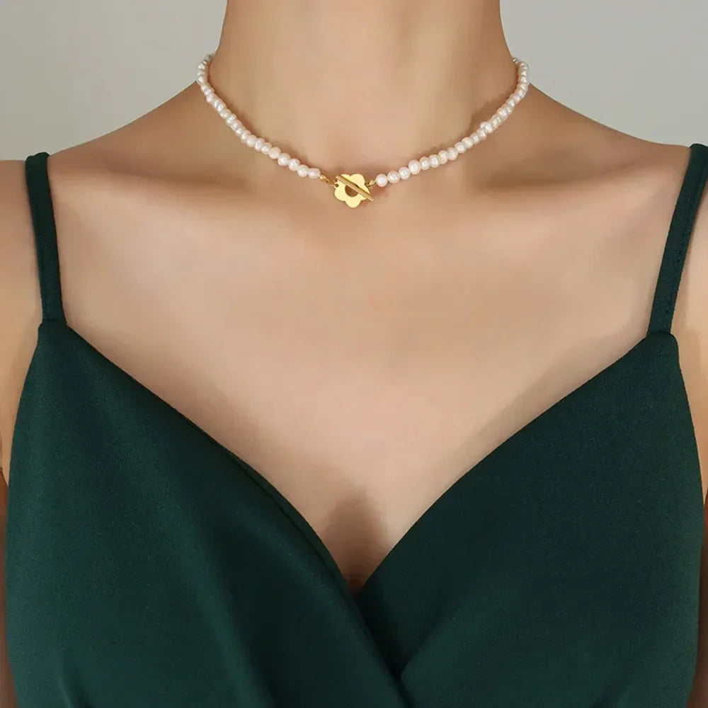 Gold Plated Titanium Pearl Necklace - Freshwater Pearl Velanci