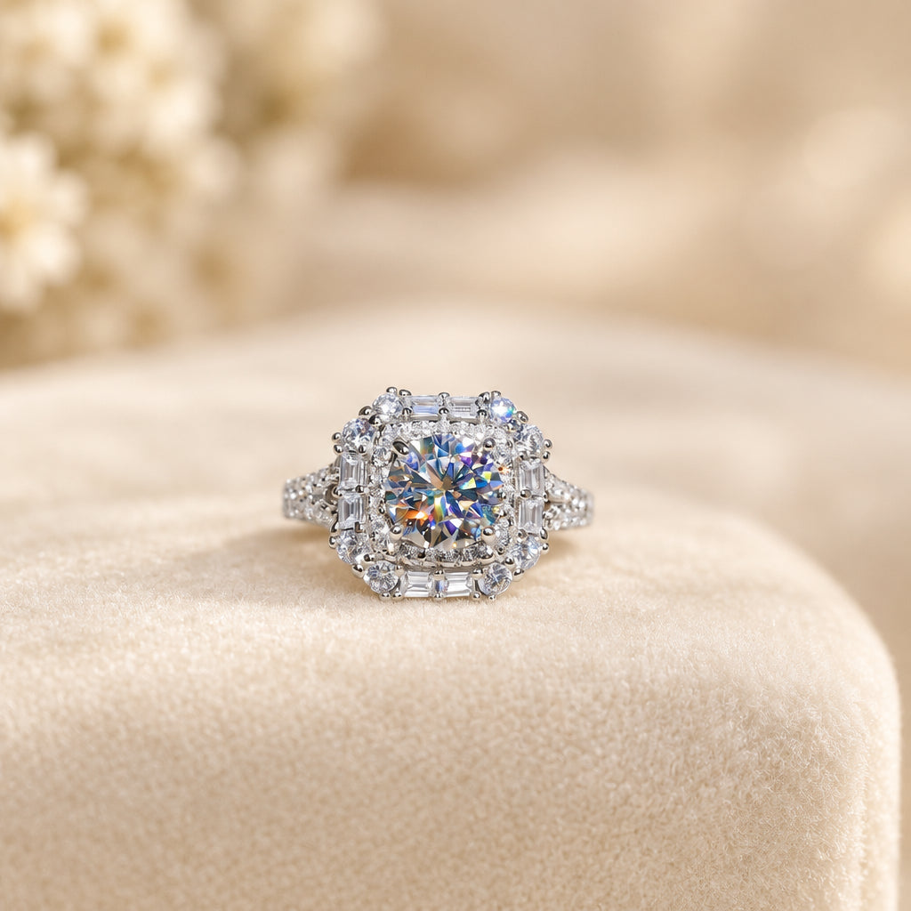 1 Carat Moissanite Ring Sofia - Halo Shimmering Band Women's Ring Velanci