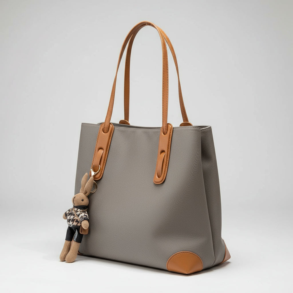 Gray handbag with brown handles and trim on a light surface.