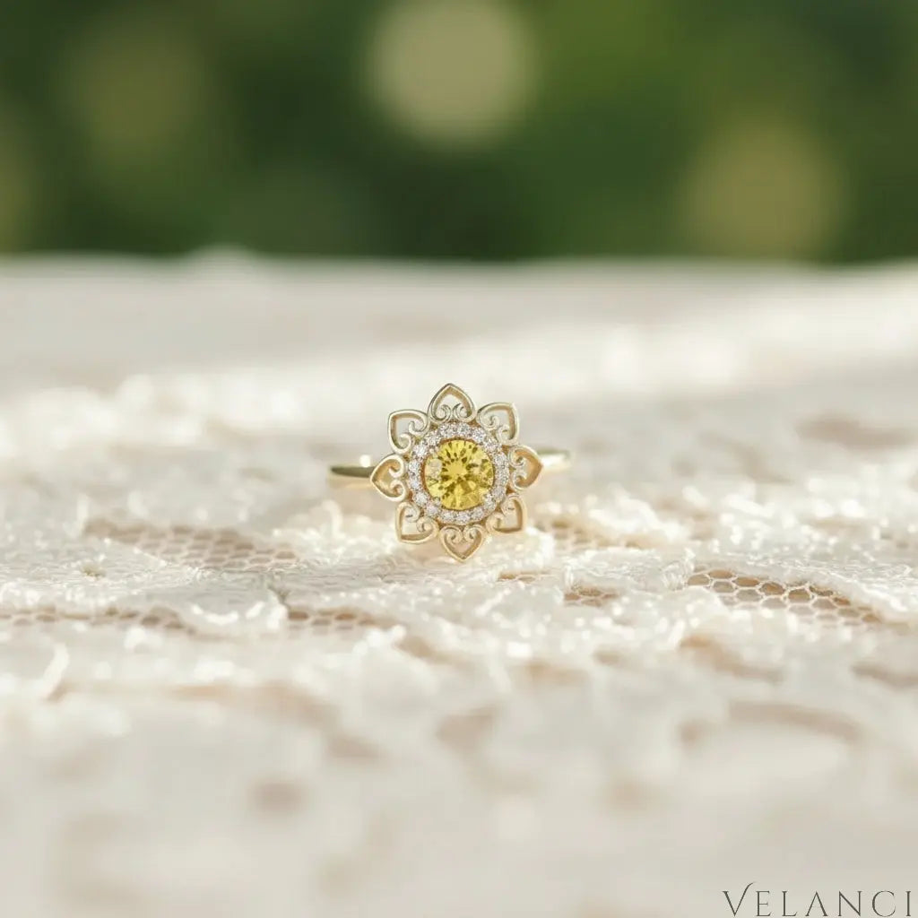 Ring Alessia - Flower Sunburst Zircon Halo, Platinum-Plated Velanci