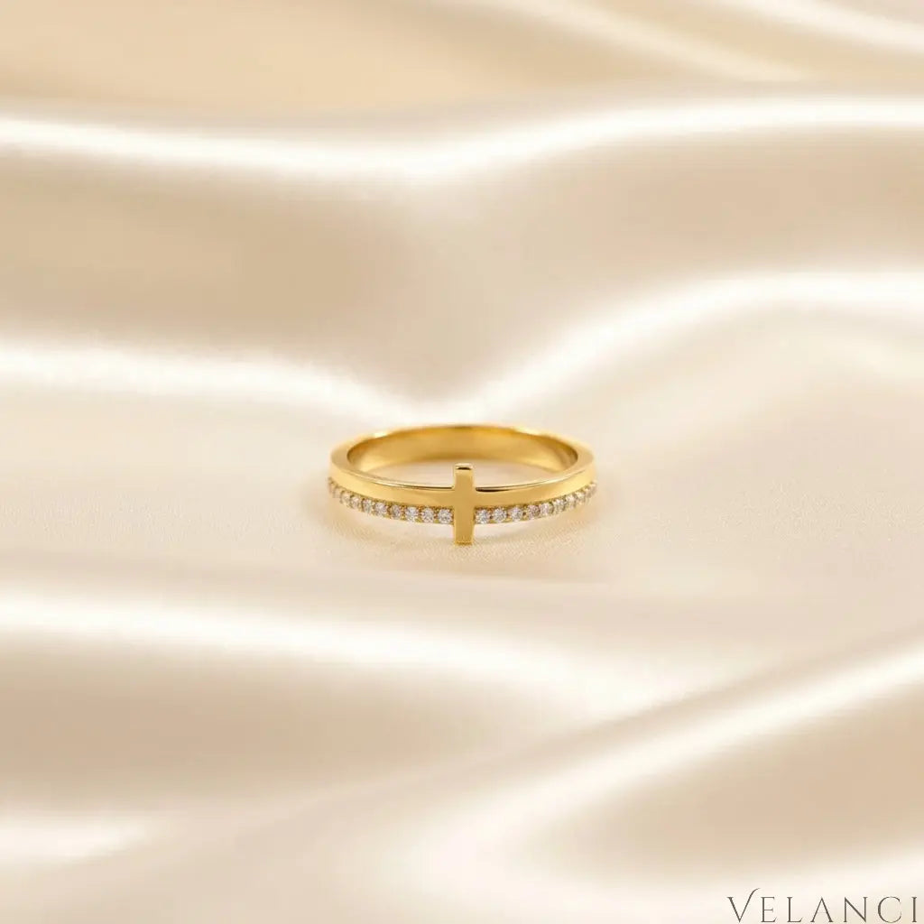 Sterling Cross Ring Giulia - Zircon Accent Minimalist Band Velanci