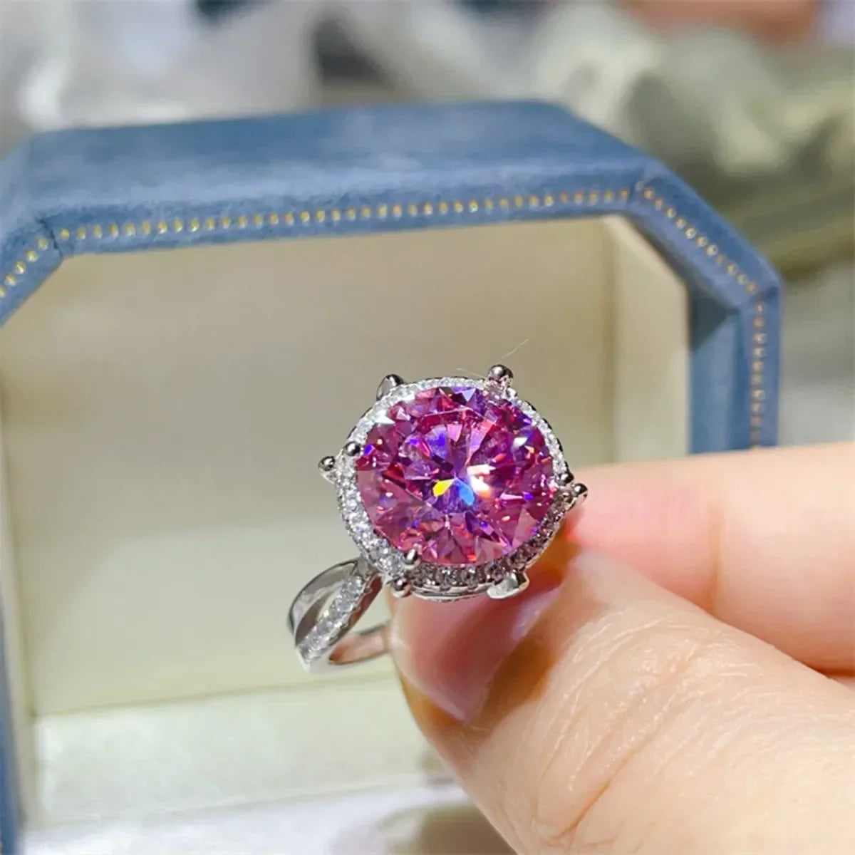 Ring Giulia - 5 Carat Pink Moissanite Halo Platinum-Plated Women's Ring Velanci