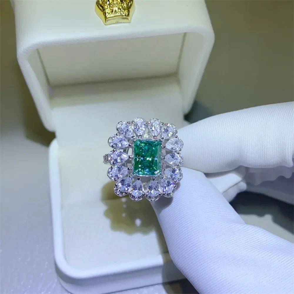 Ring Elena - 3ct Emerald-Cut Moissanite Halo Sterling Silver Women's Ring Velanci