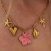 Coastal Beach Pendant Necklace - Pink Resin Flower Charm Velanci