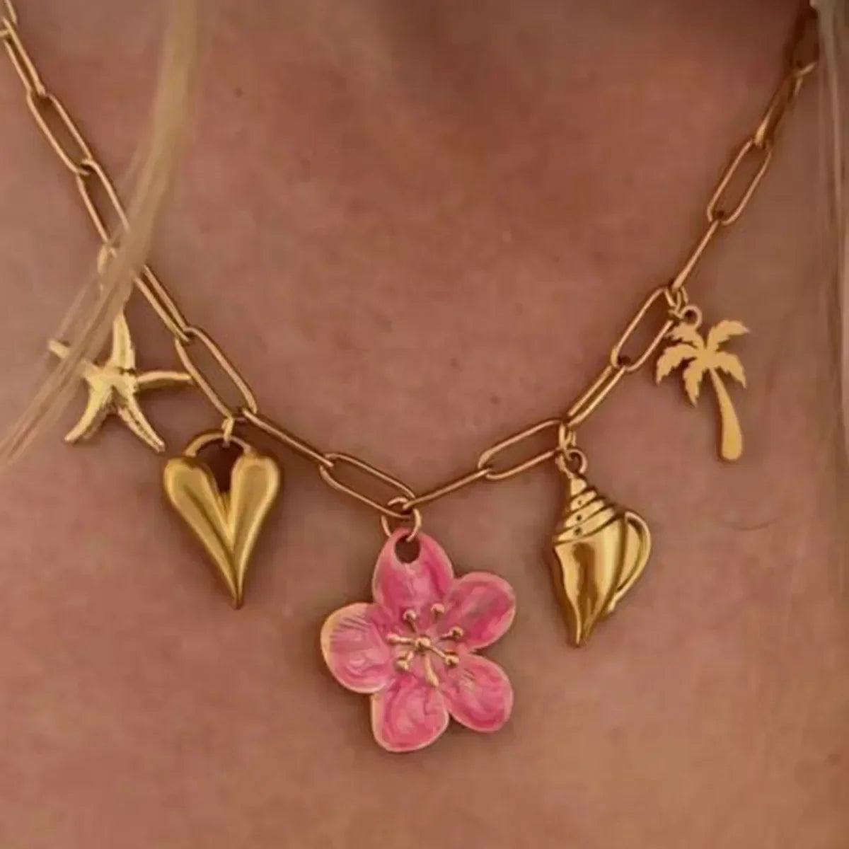 Coastal Beach Pendant Necklace - Pink Resin Flower Charm Velanci