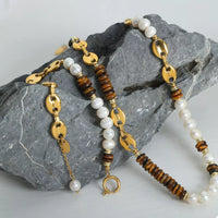 Tiger's Eye Freshwater Pearl Necklace - 18K Gold-Plated Velanci