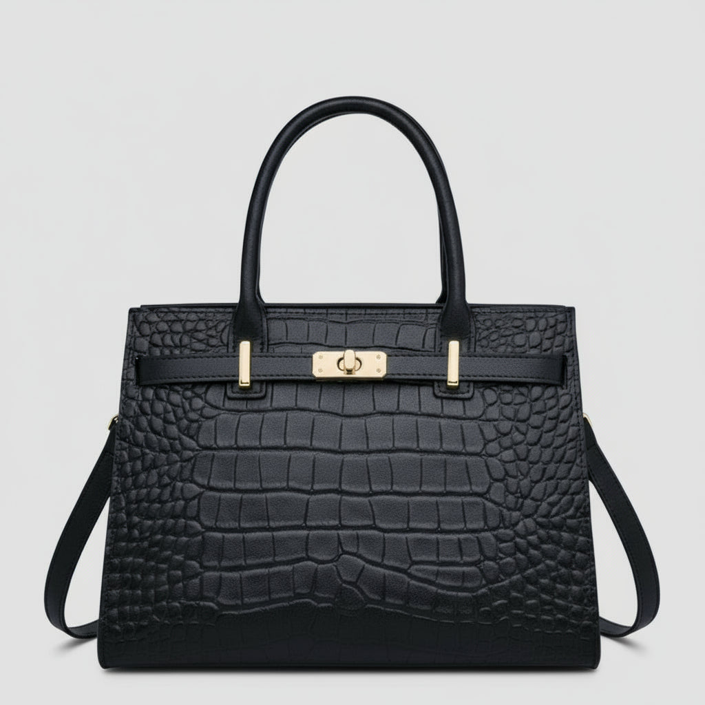 Black crocodile-patterned handbag with gold hardware on a white background