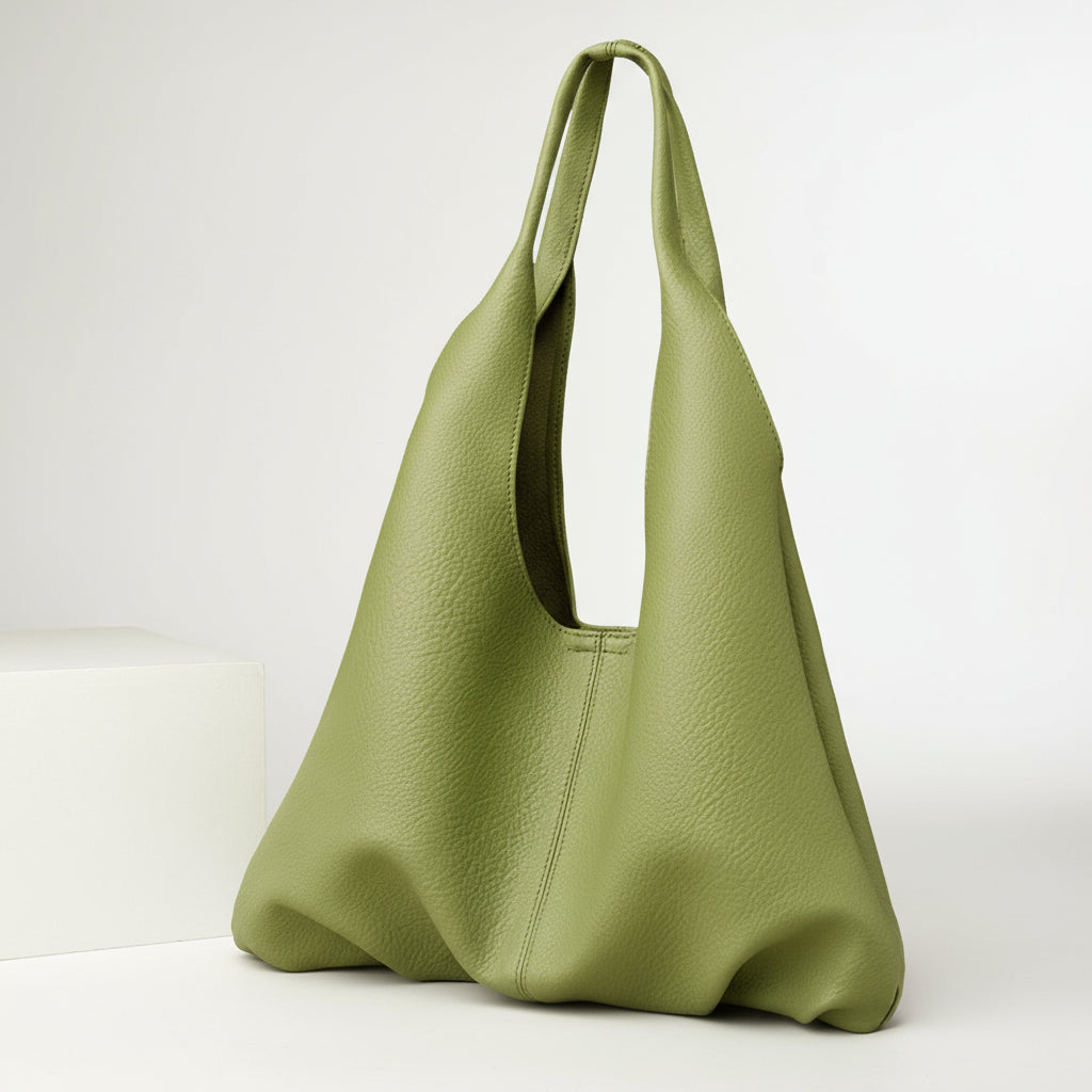 Green leather handbag on a beige background