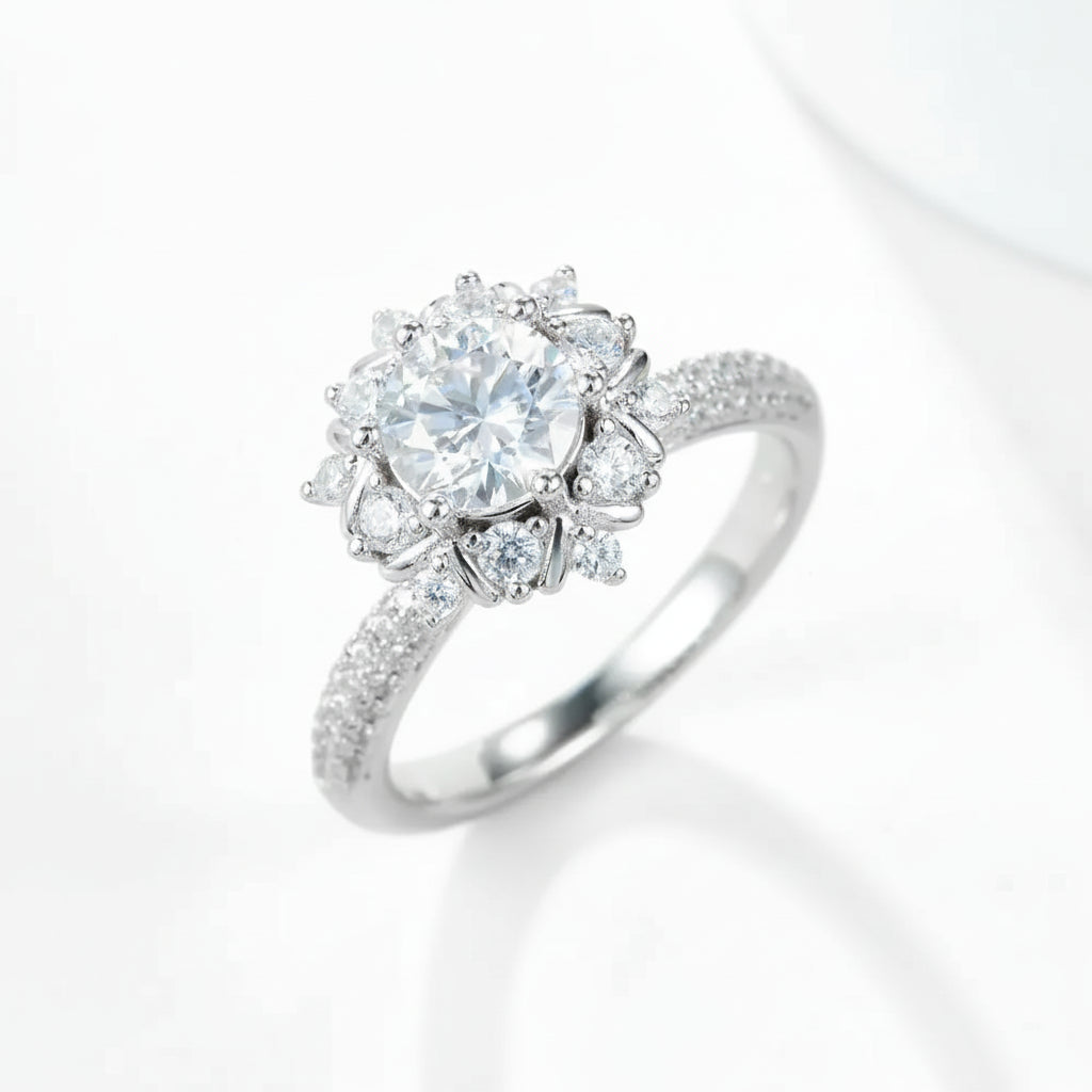 1 Carat Moissanite Flower Ring Giulia - Halo Sparkle Women's Ring Velanci