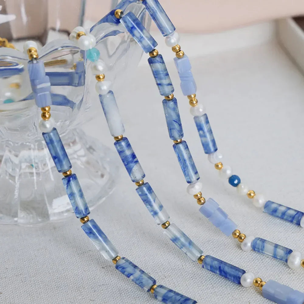 Geometric Pearl Necklace - Blue Chalcedony Pendant Velanci