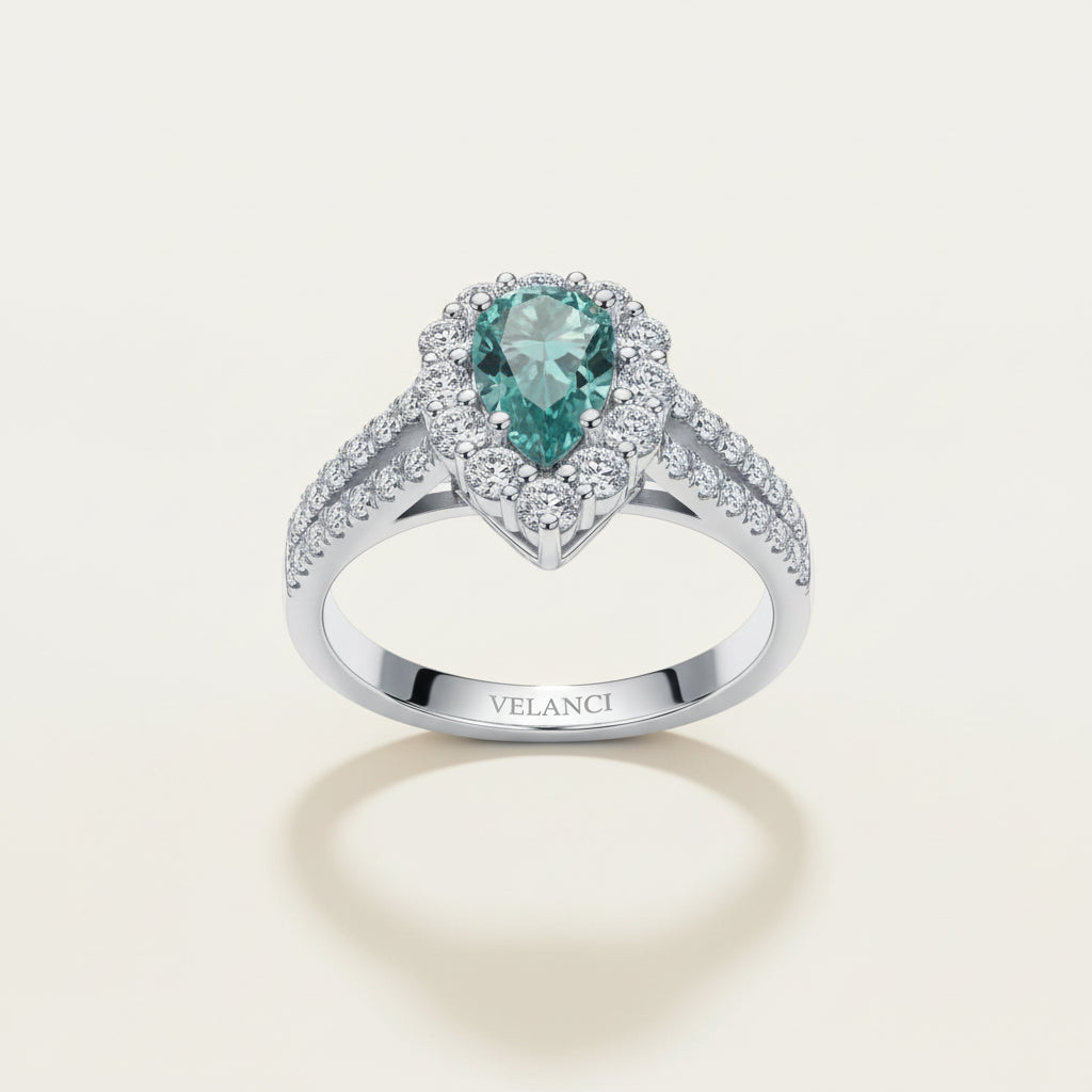 Ring Elena Teal Moissanite Halo - 1 Carat SterlingSilver Women's Ring Velanci