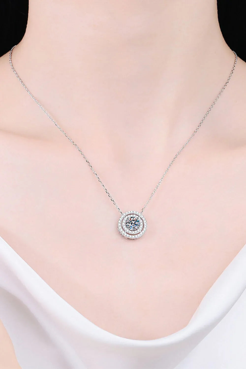 Rhodium Plated Moissanite Round Pendant Necklace - 0.5ct Velanci