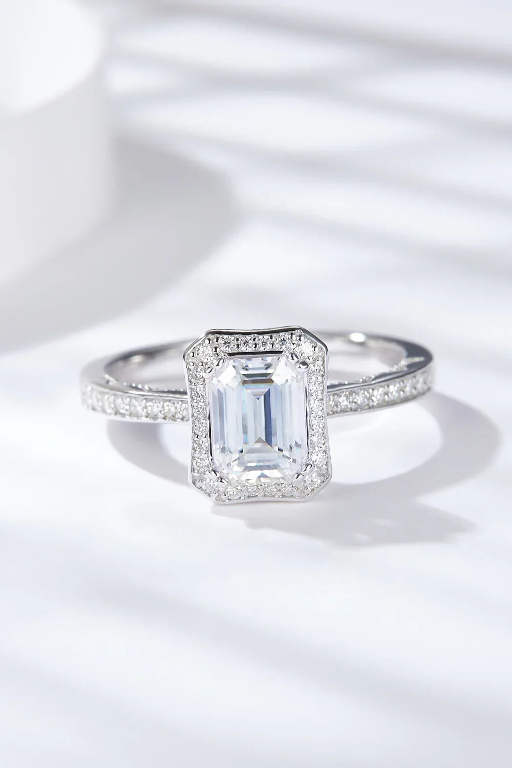 Ring Amelia - Emerald-Cut Moissanite Halo, Sterling Silver Women's Ring Velanci