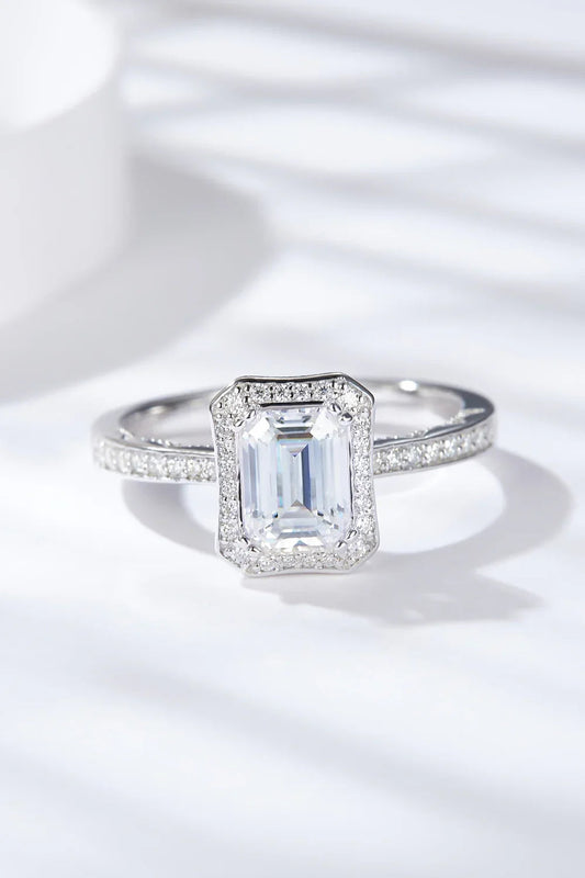 Ring Amelia - Emerald-Cut Moissanite Halo, Sterling Silver Women's Ring Velanci
