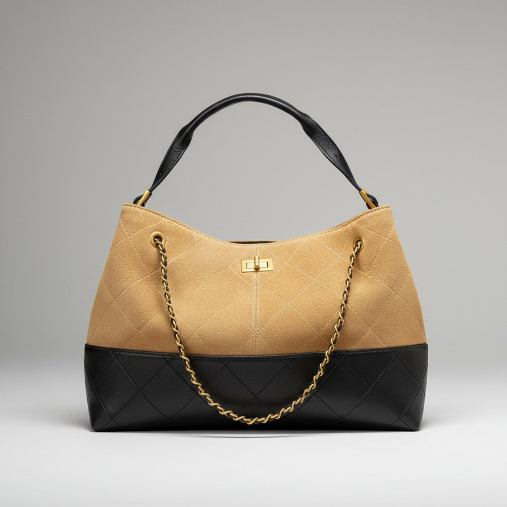 Quilted handbag with gold chain detail on a mannequin against a pink background