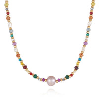 Coastal Bead Necklace - Multicolor Beads, Pearls, Crystals Velanci