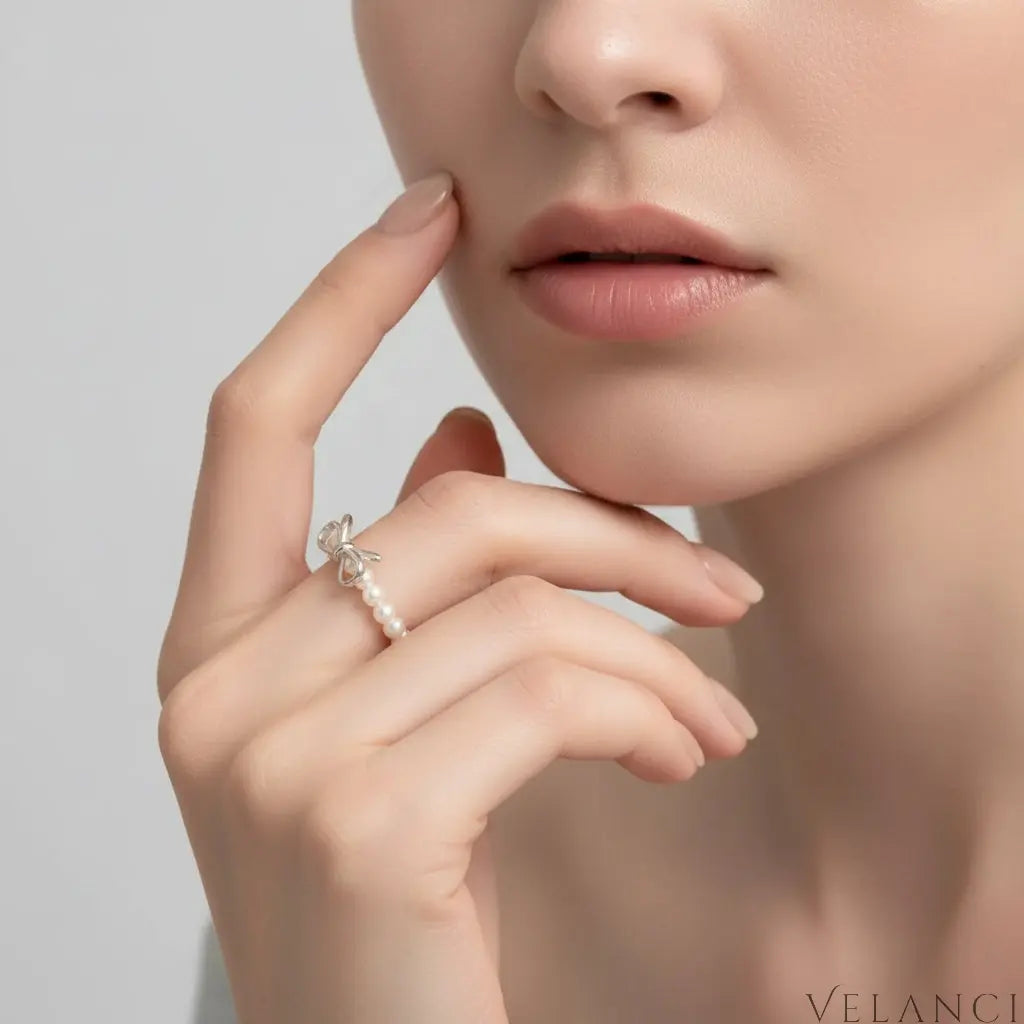 Bow Pearl Beaded Ring Livia - Magnificent Pearl Bow Velanci