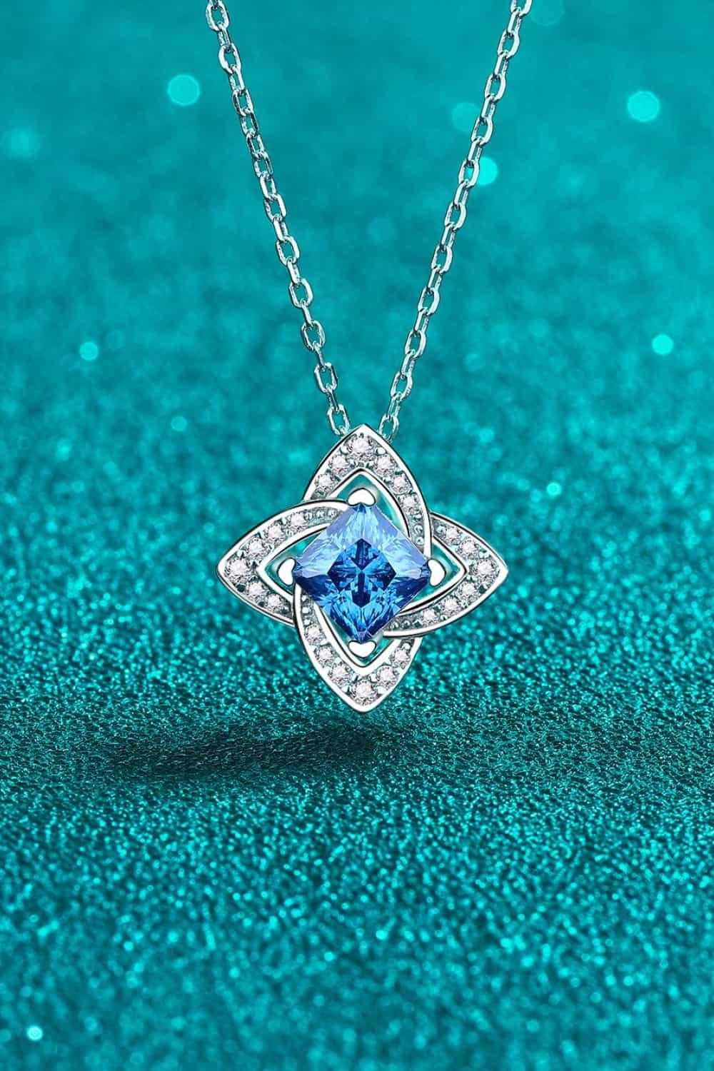 Blue Moissanite Floral Pendant Necklace - 1 Carat Halo Velanci