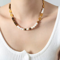 Tiger's Eye Freshwater Pearl Necklace - 18K Gold-Plated Velanci