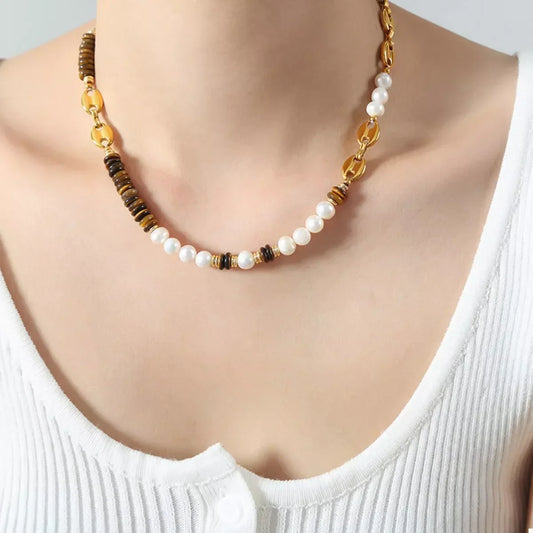 Tiger's Eye Freshwater Pearl Necklace - 18K Gold-Plated Velanci