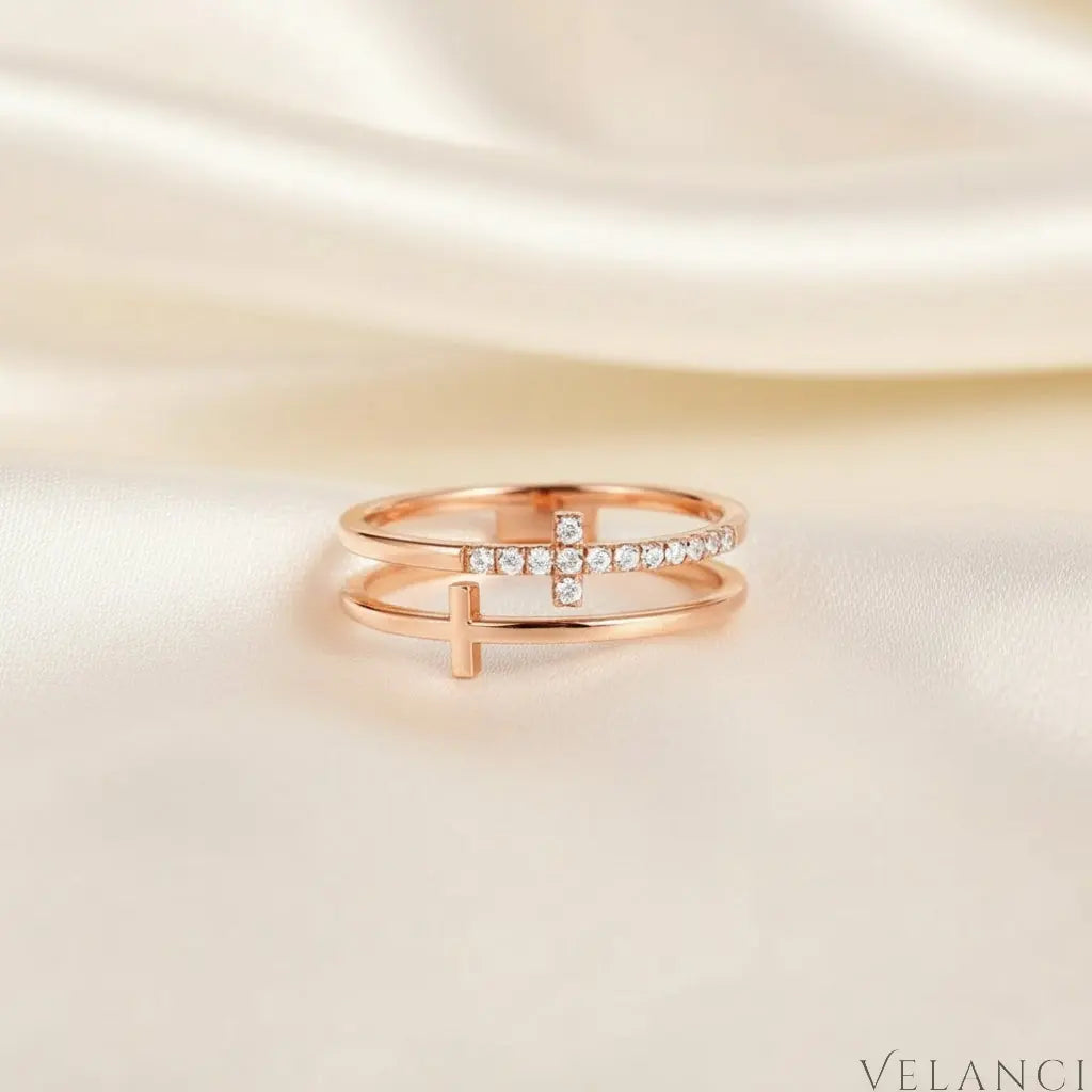 Double Band Cross Ring Lucia - Zircon Accents, Plated Velanci