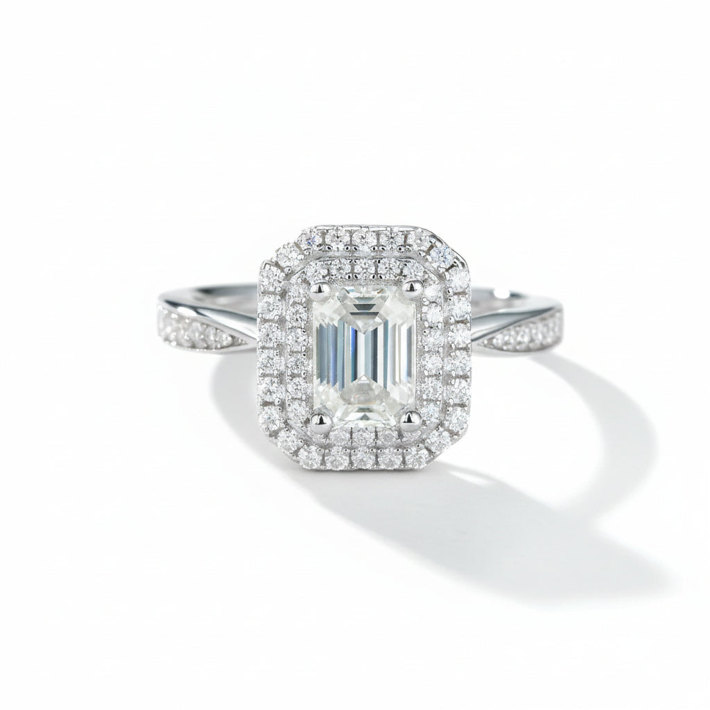 Moissanite Ring Giulia - 1ct Emerald Cut, D Color, Silver Women's Ring Velanci
