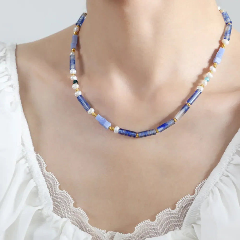 Geometric Pearl Necklace - Blue Chalcedony Pendant Velanci