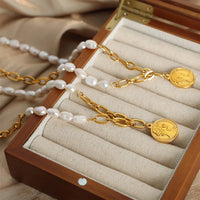 Pearl Coin Pendant Necklace - Gold Plated Titanium Chain Velanci