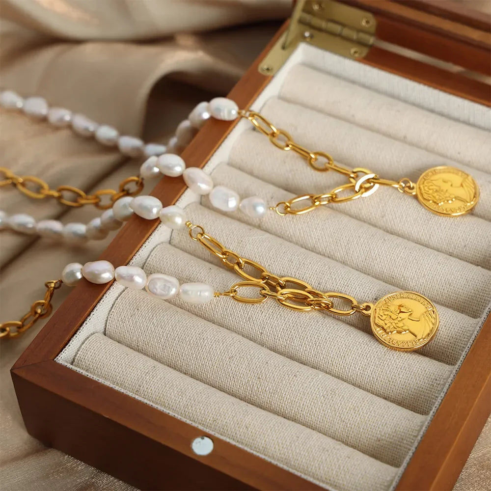 Pearl Coin Pendant Necklace - Gold Plated Titanium Chain Velanci